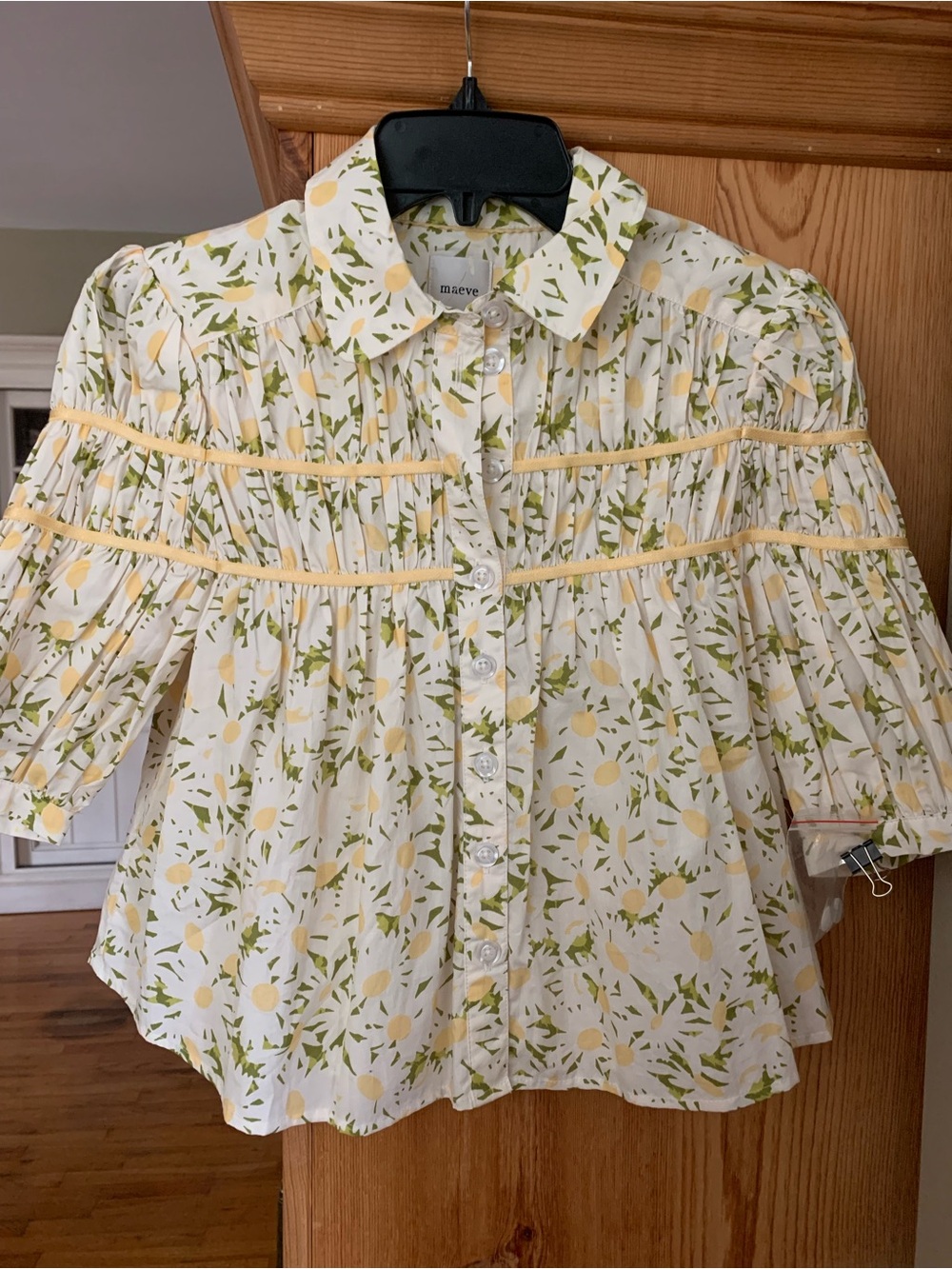 Maeve Anthropologie Yellow and Green Floral Button-Front Puff Sleeve Blouse
